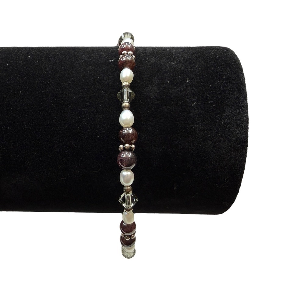 930 Sterling Silver Faux Freshwater Pearl Garnet Beaded Bracelet Dainty Jewelry